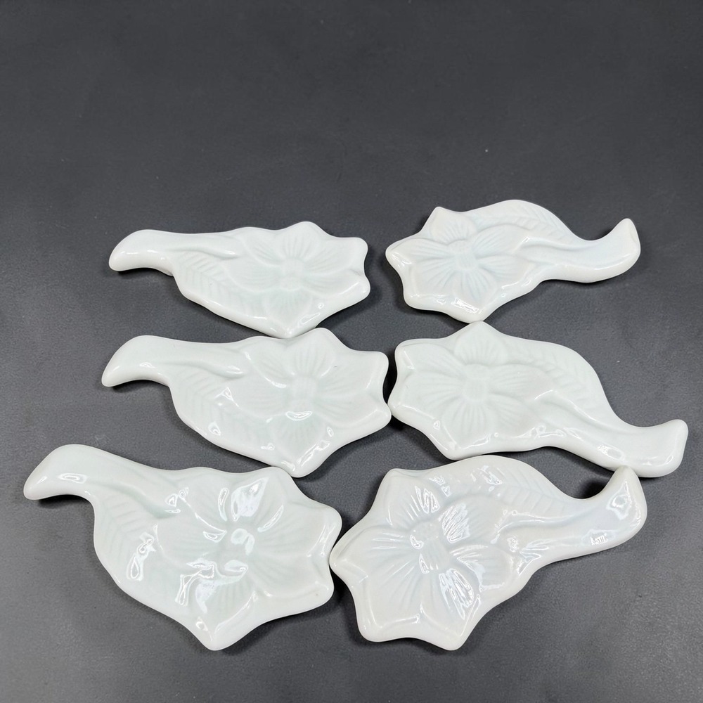 Vintage White Porcelain Floral Chopstick Rests Set of 6 Embossed Flower Leaf VTG
